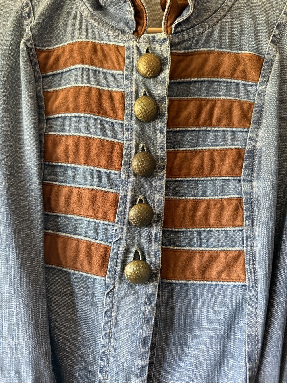 Denim Button Front Dress with Brown Trim - Picture 2 of 4